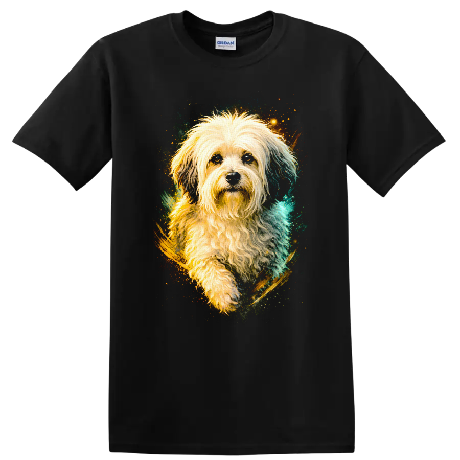 Fluffy Dog Portrait Art T Shirt for Dog Lovers Colorful Pet Graphic on a Black T Shirt