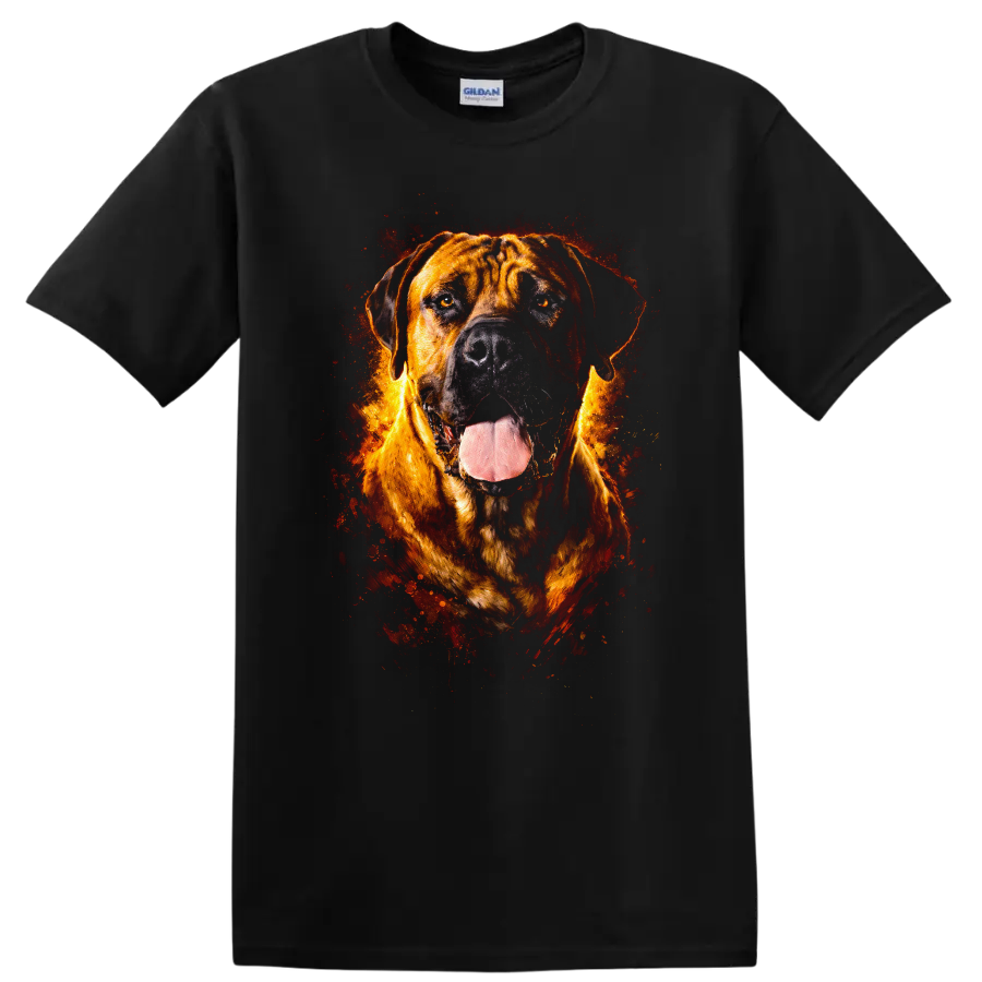 Fiery Mastiff Dog Portrait T Shirt for Dog Lovers on a Black T Shirt