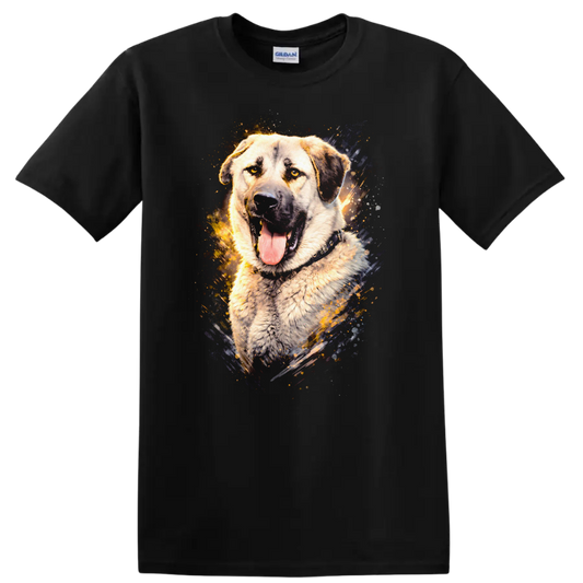 Loyal Dog Portrait Splash Art T Shirt for Breed Lovers on a Black T Shirt