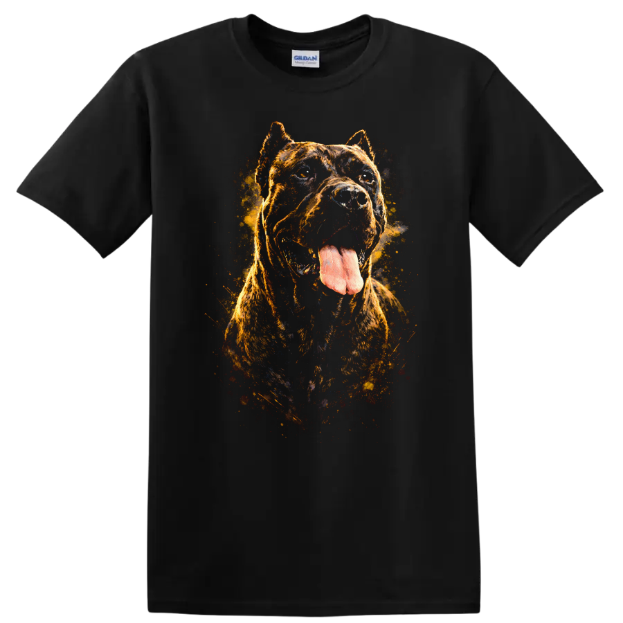 Cane Corso Dog Portrait T Shirt Fierce Brindle Splash Art on a Black T Shirt