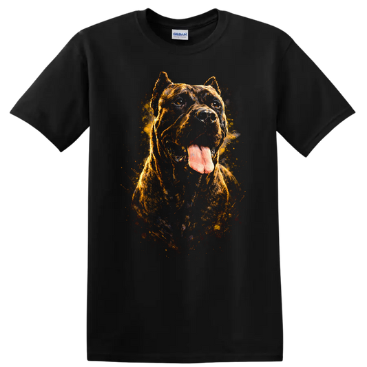 Cane Corso Dog Portrait T Shirt Fierce Brindle Splash Art on a Black T Shirt