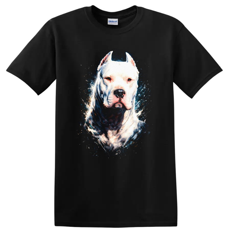 Blue Eyed White Pitbull Dog Portrait T Shirt for Dog Lovers on a Black T Shirt