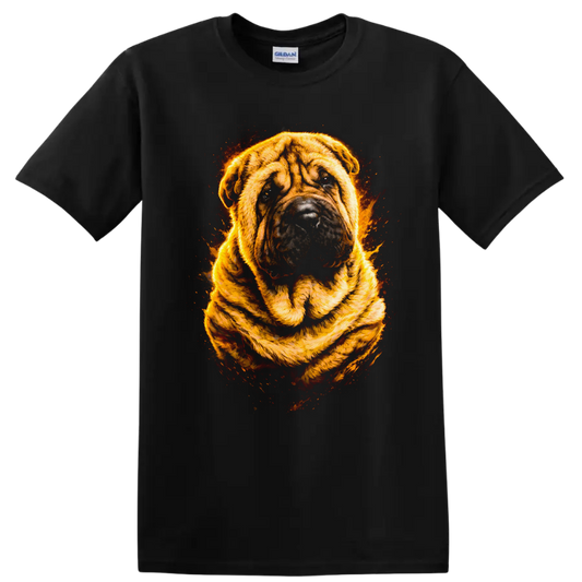 Flaming Bulldog Portrait T Shirt Fierce Dog Breed Art Graphic on a Black T Shirt