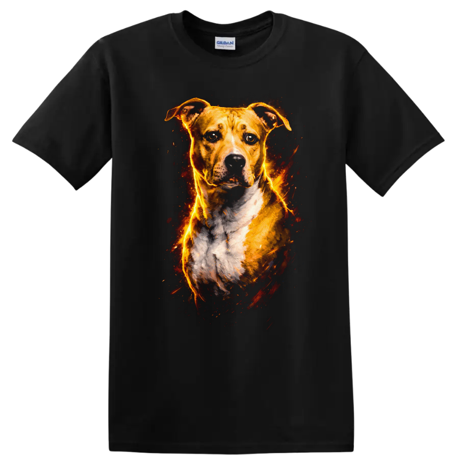 Fiery Pit Bull Dog Portrait Graphic T Shirt for Dog Lovers on a Black T Shirt