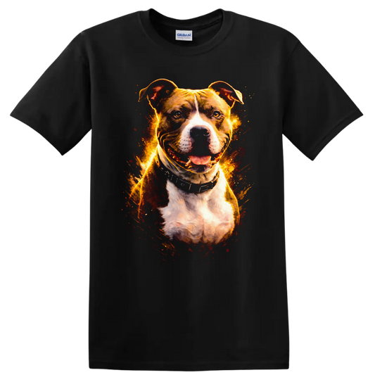 Pit Bull Dog Portrait Fire Glow T Shirt for Dog Lovers and Breed Fans on a Black T Shirt
