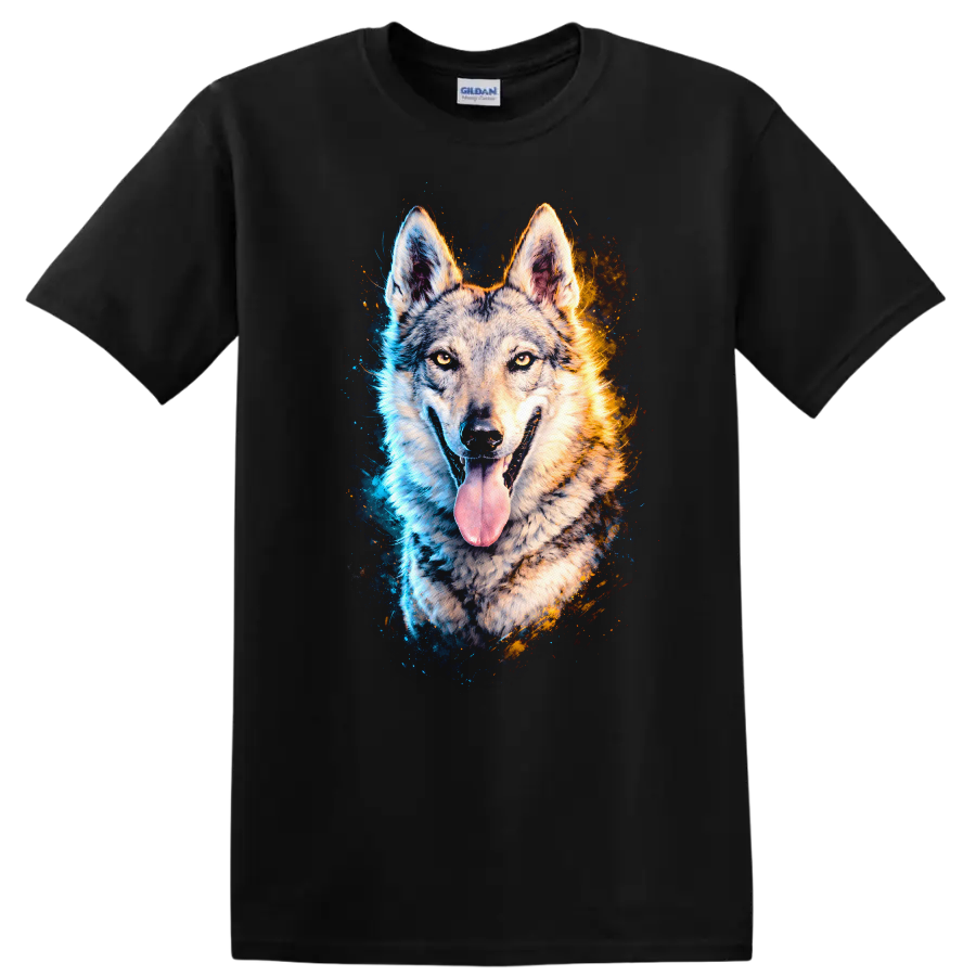 Blue and Orange Wolf Portrait Graphic T Shirt for Dog Lovers on a Black T Shirt