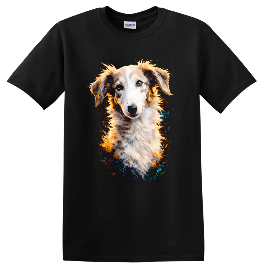 Blue Eyed Dog Portrait Splash Art T Shirt for Dog Lovers - Black