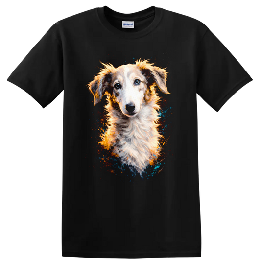Blue Eyed Dog Portrait Splash Art T Shirt for Dog Lovers - Black