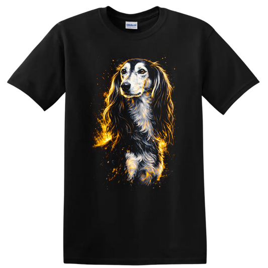 Glowing Long Haired Dog Portrait T Shirt for Dog Lovers - Black