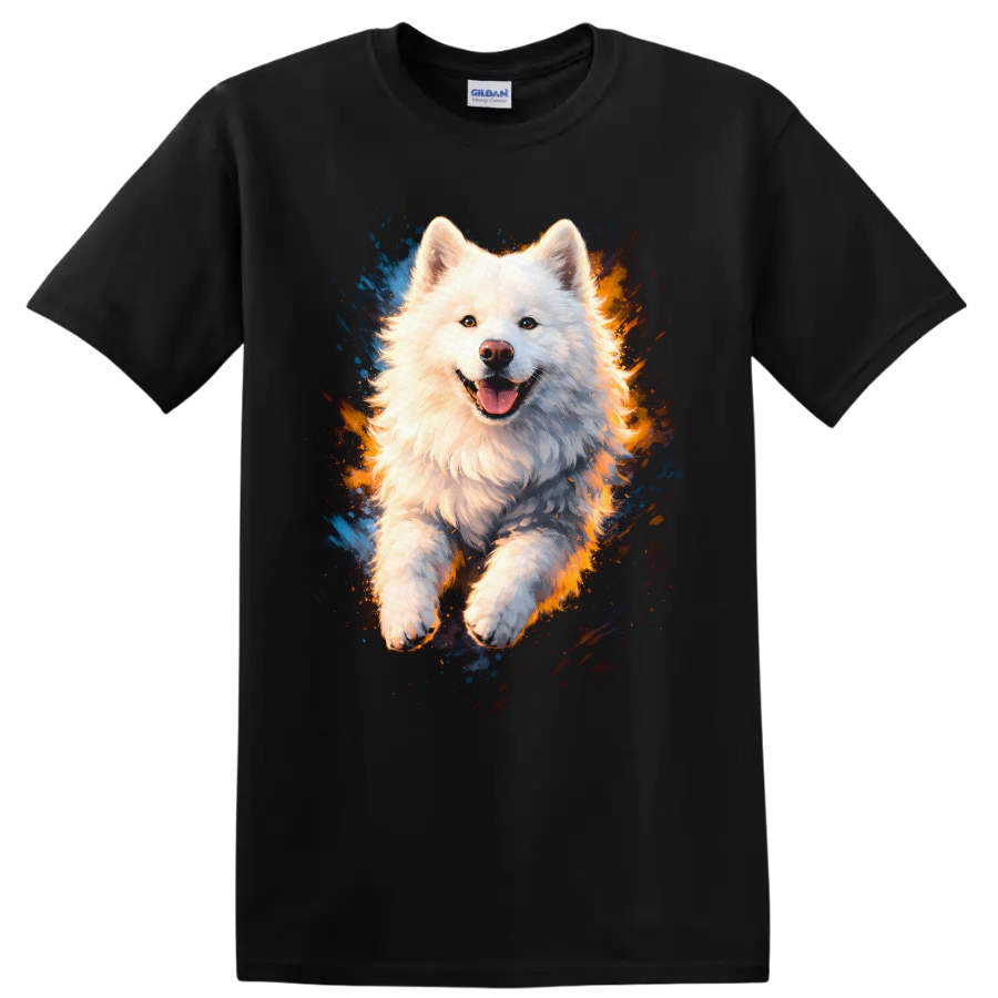 White Fluffy Dog Splash Art T Shirt for Dog Lovers - Black