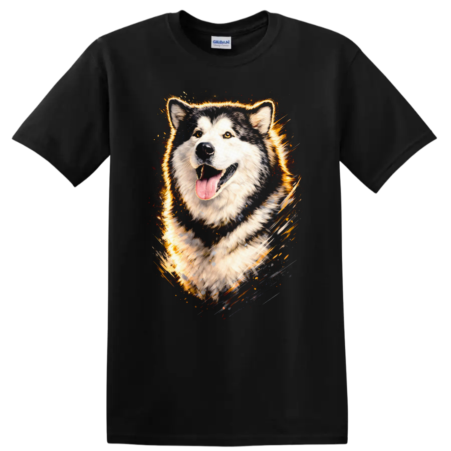 Flaming Husky Dog Portrait Graphic T Shirt for Dog Lovers on a Black T Shirt