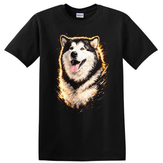 Flaming Husky Dog Portrait Graphic T Shirt for Dog Lovers on a Black T Shirt