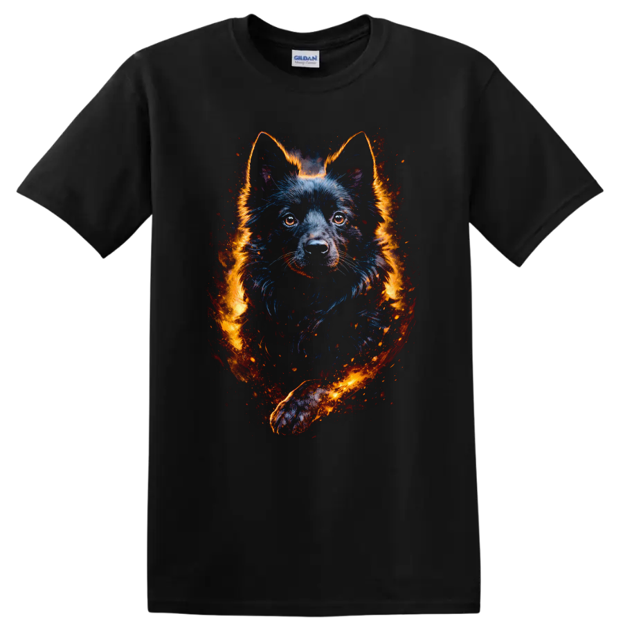 Wolf Dog Neon Flame Portrait T Shirt for Animal Lovers on a Black T Shirt