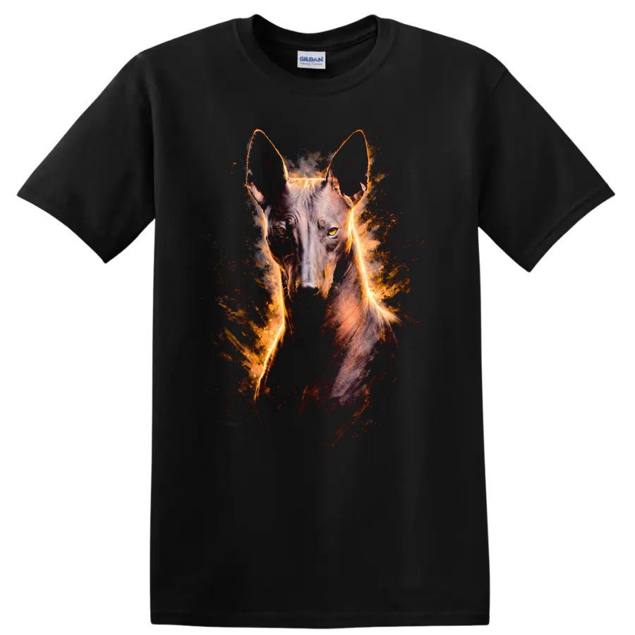 Belgian Malinois Dog Fire Glow Portrait T Shirt for Breed Lovers on a Black T Shirt