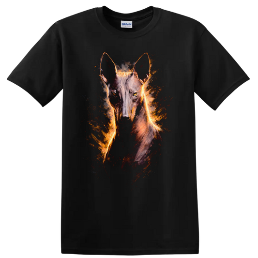 Belgian Malinois Dog Fire Glow Portrait T Shirt for Breed Lovers on a Black T Shirt