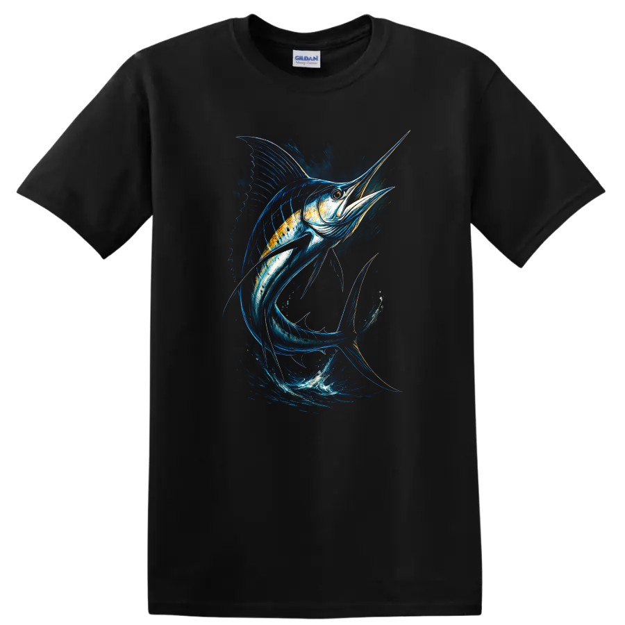 Blue Marlin Fish Splash Art T Shirt, Ocean Angler Graphic - Black