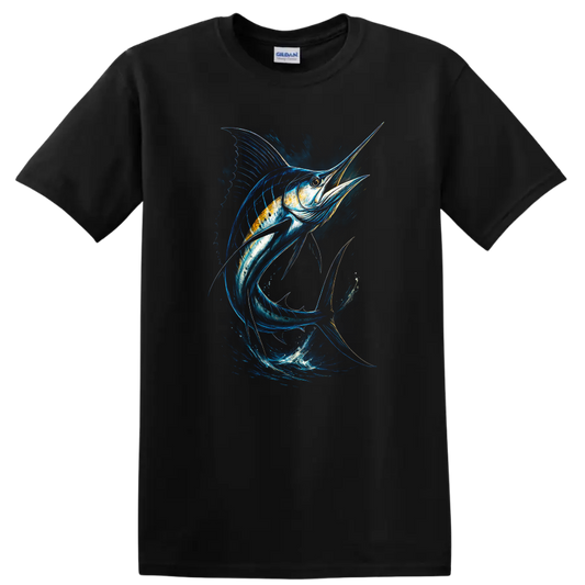 Blue Marlin Fish Splash Art T Shirt, Ocean Angler Graphic - Black