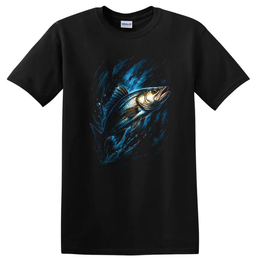 Blue Fish Splash Graphic T Shirt For Anglers and Nature Lovers - Black