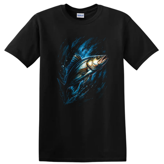 Blue Fish Splash Graphic T Shirt For Anglers and Nature Lovers - Black