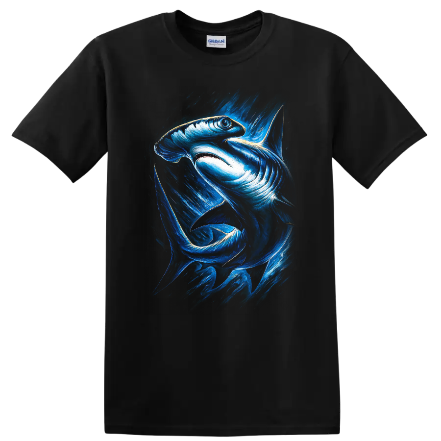 Blue Shark Art Graphic T Shirt Ocean Predator Abstract Wildlife Tee - Black