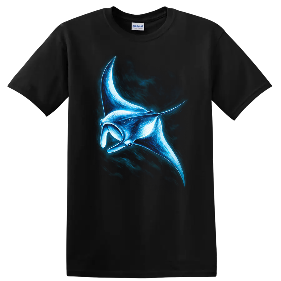 Glowing Blue Manta Ray Fish Art T Shirt for Ocean Lovers - Black