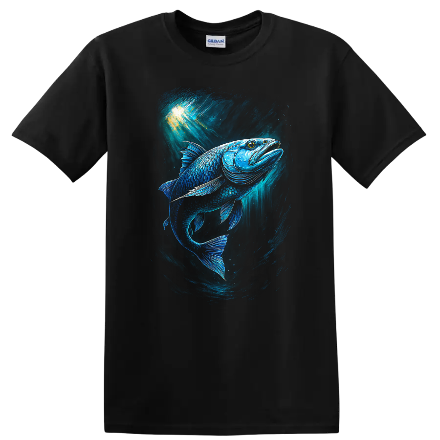 Glowing Blue Fish Underwater Art T Shirt Vibrant Ocean Angler Design - Black