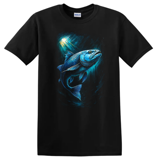 Glowing Blue Fish Underwater Art T Shirt Vibrant Ocean Angler Design - Black