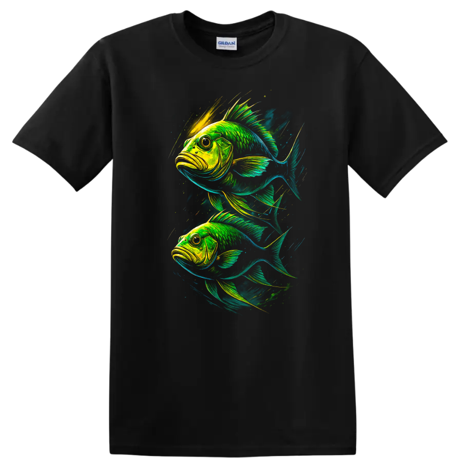 Neon Fish Art Graphic T Shirt Vibrant Tropical Aquatic Design - Black
