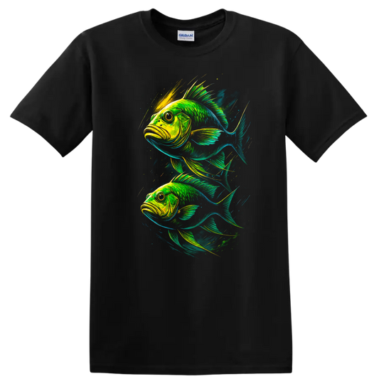 Neon Fish Art Graphic T Shirt Vibrant Tropical Aquatic Design - Black