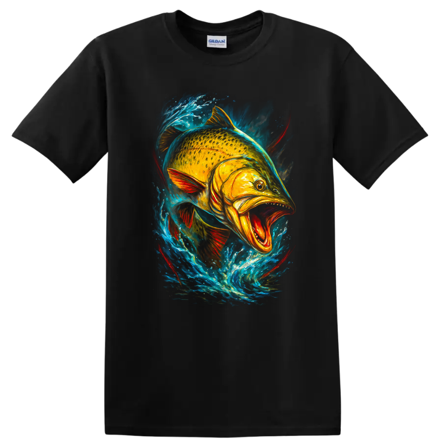 Vibrant Fish Splash Art T Shirt Bold Colorful Aquatic Angler Design - Black