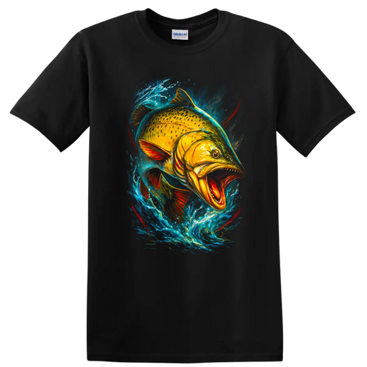 Vibrant Fish Splash Art T Shirt Bold Colorful Aquatic Angler Design - Black