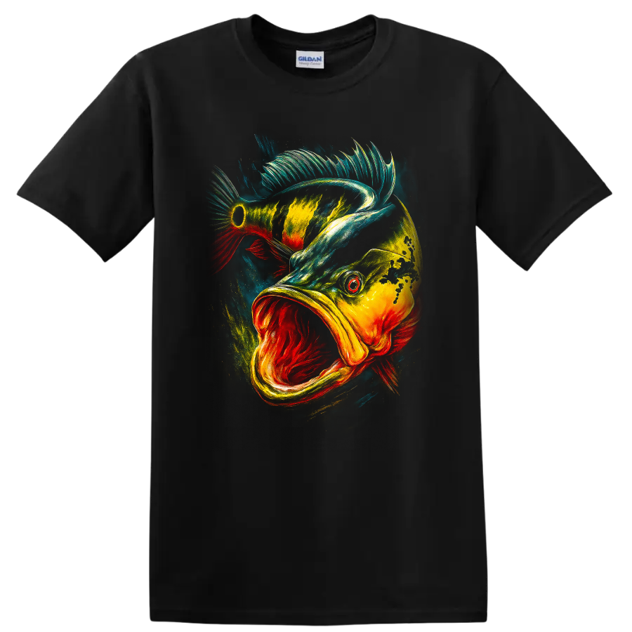 Colorful Jumping Fish Art T Shirt Vibrant Wildlife Graphic Tee - Black