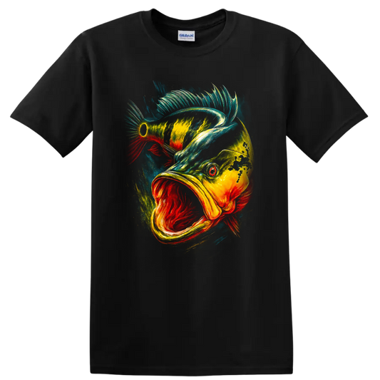 Colorful Jumping Fish Art T Shirt Vibrant Wildlife Graphic Tee - Black