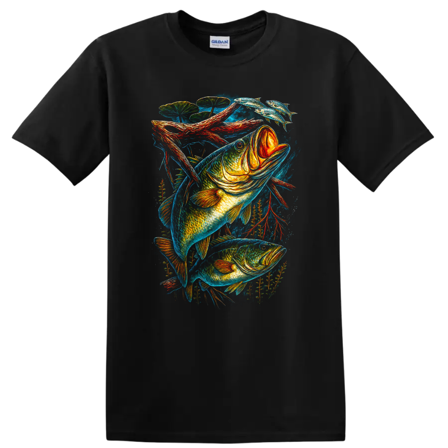 Colorful Bass Fish Art T Shirt for Anglers and Fishing Lovers - Black