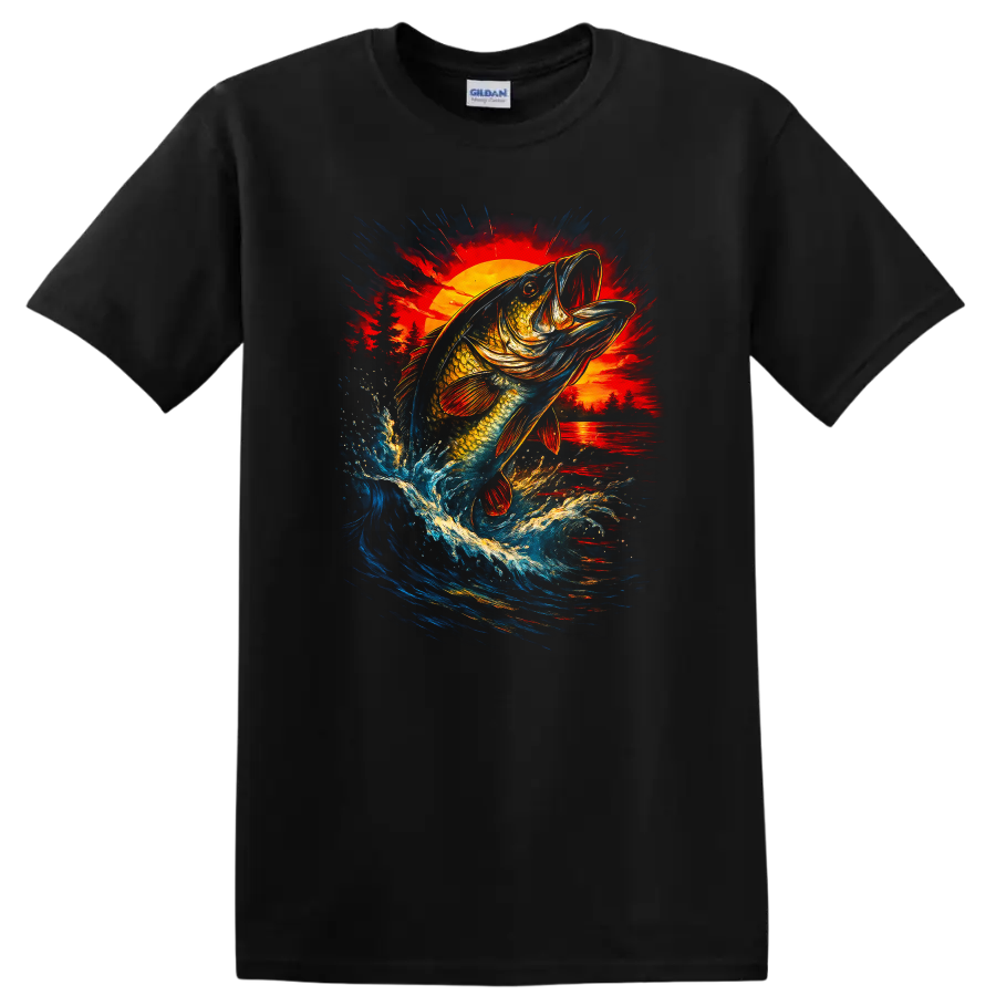Colorful Bass Fish Jumping at Sunset Fishing T Shirt - Black