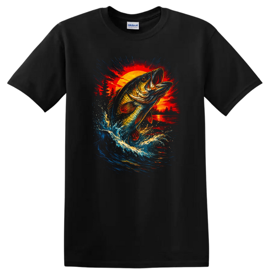 Colorful Bass Fish Jumping at Sunset Fishing T Shirt - Black