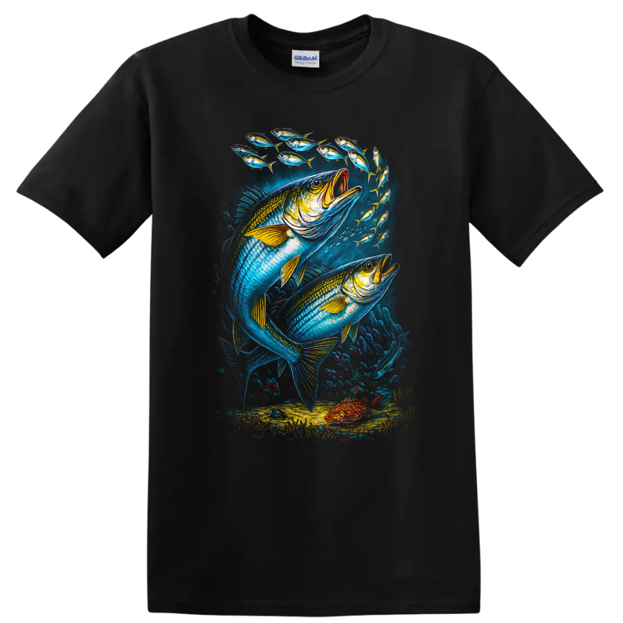 Colorful Fish School Underwater Ocean Art T Shirt for Anglers - Black