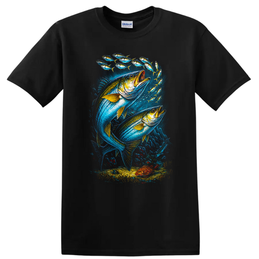 Colorful Fish School Underwater Ocean Art T Shirt for Anglers - Black