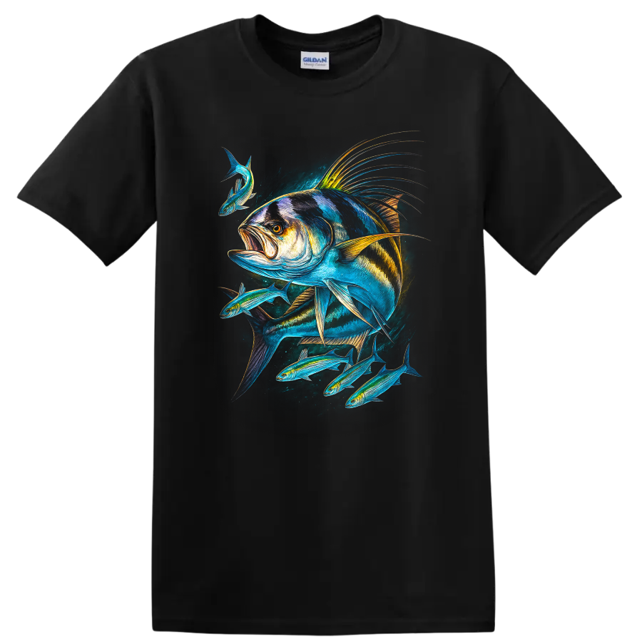 Colorful Fish School Art T Shirt Bold Ocean Angler Design - Black