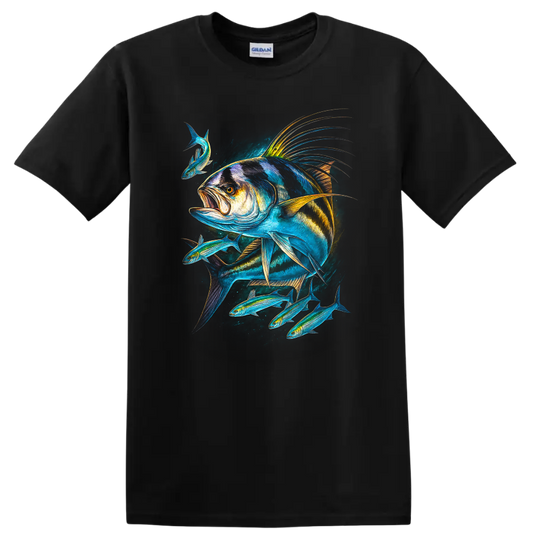 Colorful Fish School Art T Shirt Bold Ocean Angler Design - Black