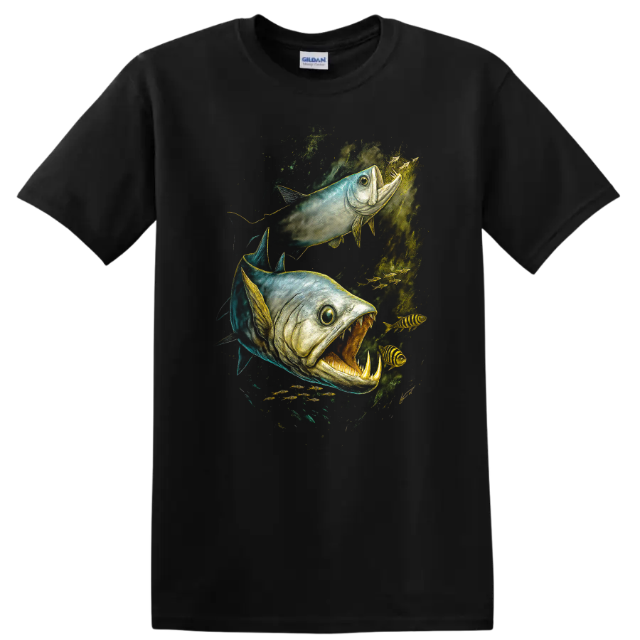 Aggressive Fish Duo Underwater Predator Art T Shirt - Black