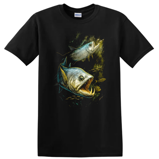 Aggressive Fish Duo Underwater Predator Art T Shirt - Black