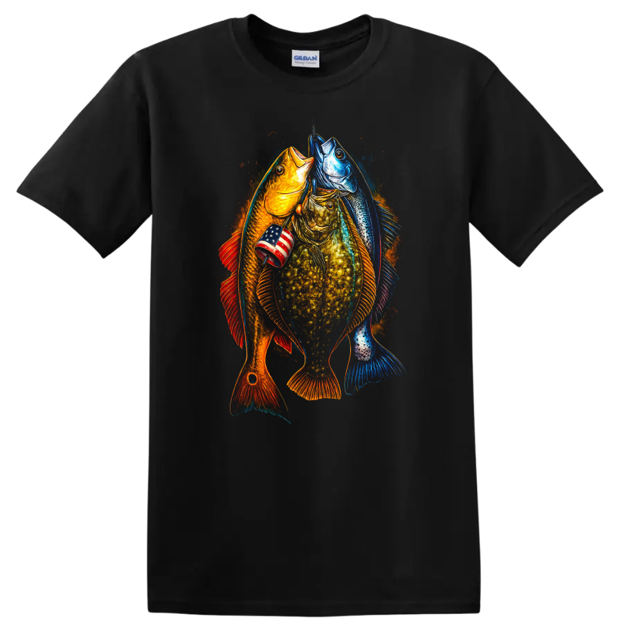 Patriotic Fish Trio American Flag Graphic T Shirt - Black