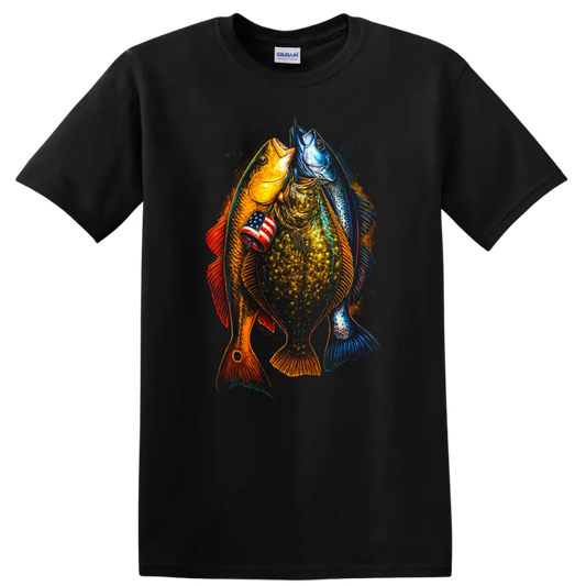 Patriotic Fish Trio American Flag Graphic T Shirt - Black