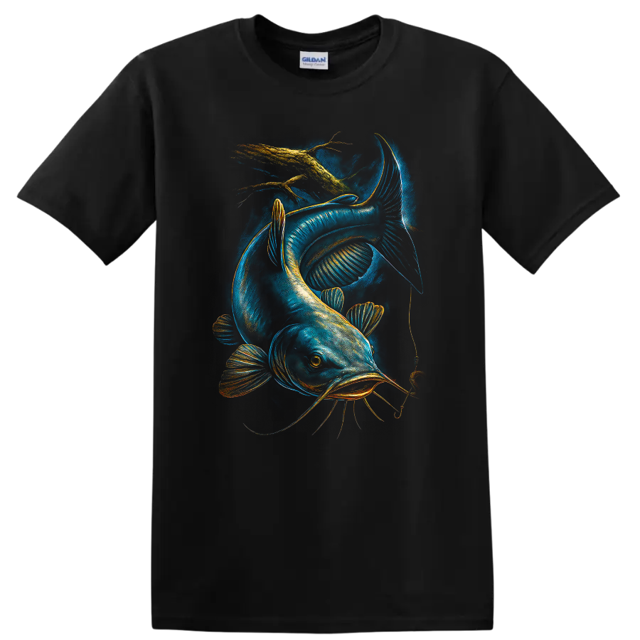Glowing Catfish Fishing Lure Art T Shirt for Anglers and Fish Lovers - Black