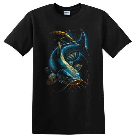 Glowing Catfish Fishing Lure Art T Shirt for Anglers and Fish Lovers - Black