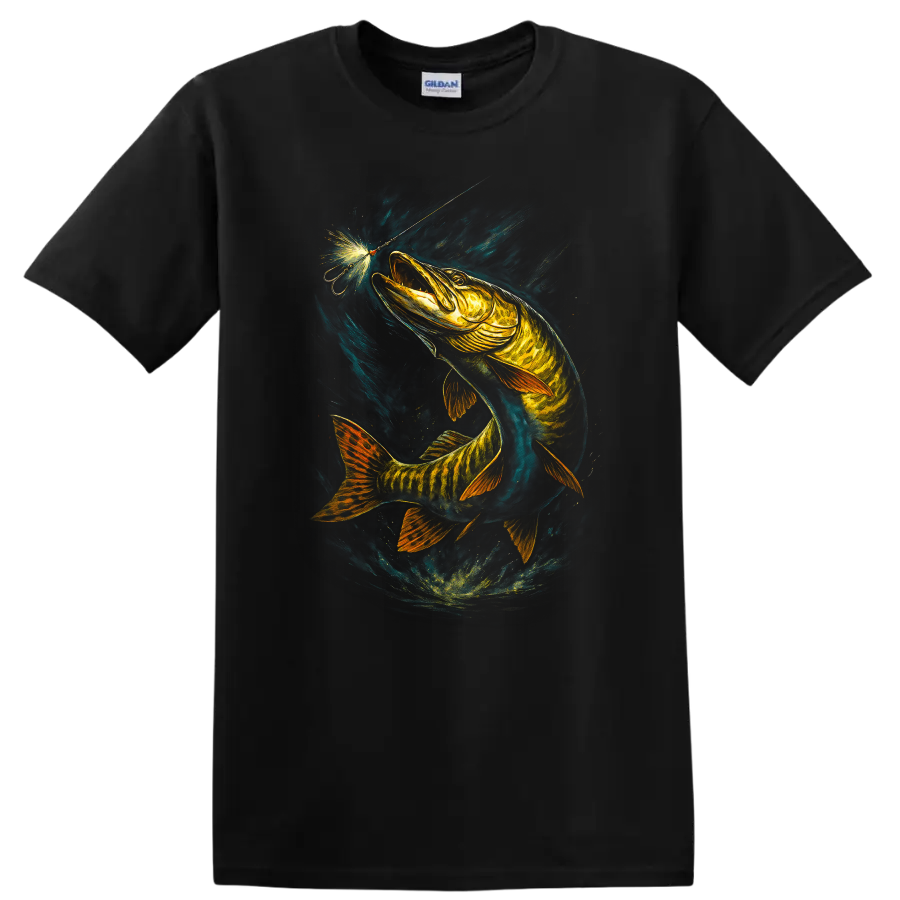 Glowing Fish Lure Art T Shirt Neon Angler Fishing Graphic - Black