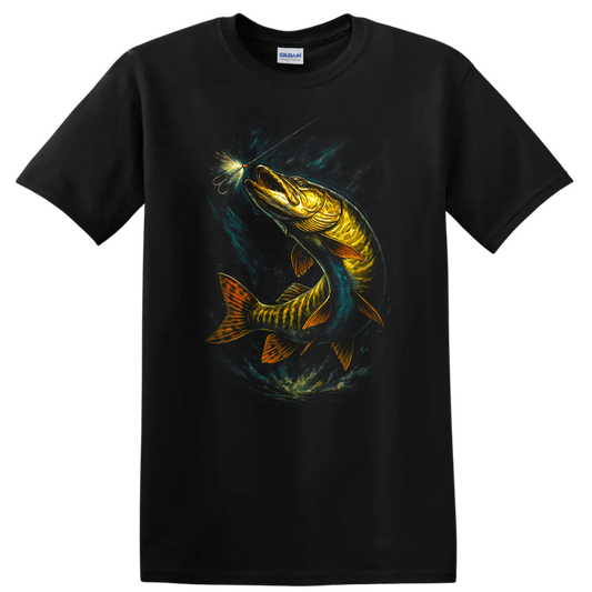 Glowing Fish Lure Art T Shirt Neon Angler Fishing Graphic - Black