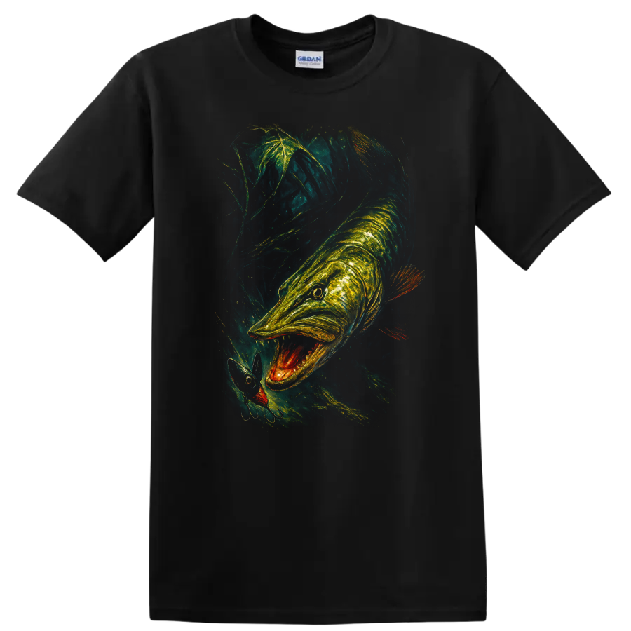 Glowing Fish Predator Art T Shirt Neon Underwater Hunting Scene - Black