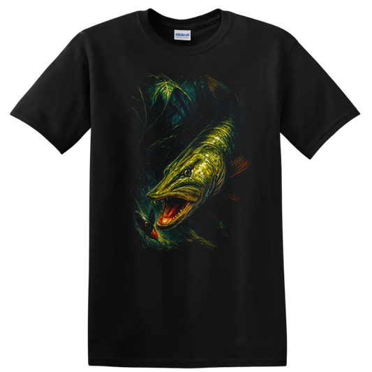 Glowing Fish Predator Art T Shirt Neon Underwater Hunting Scene - Black
